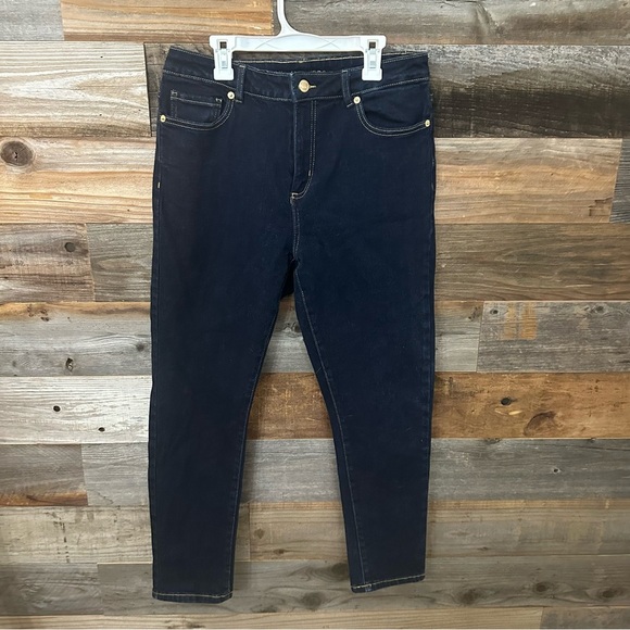 Michael Kors Women's Selma Skinny Jeans Size 8 Blue Dark Wash Denim W/Gold Logo - Picture 1 of 9